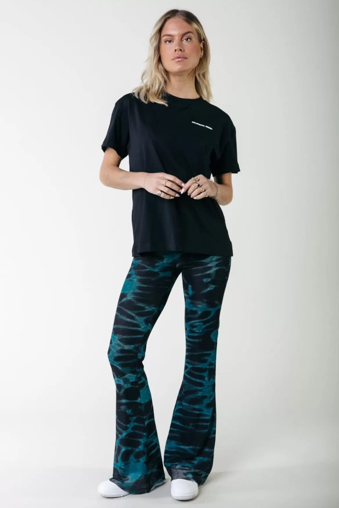 Colourful Rebel Animal Mesh Flare Pants | Storm green