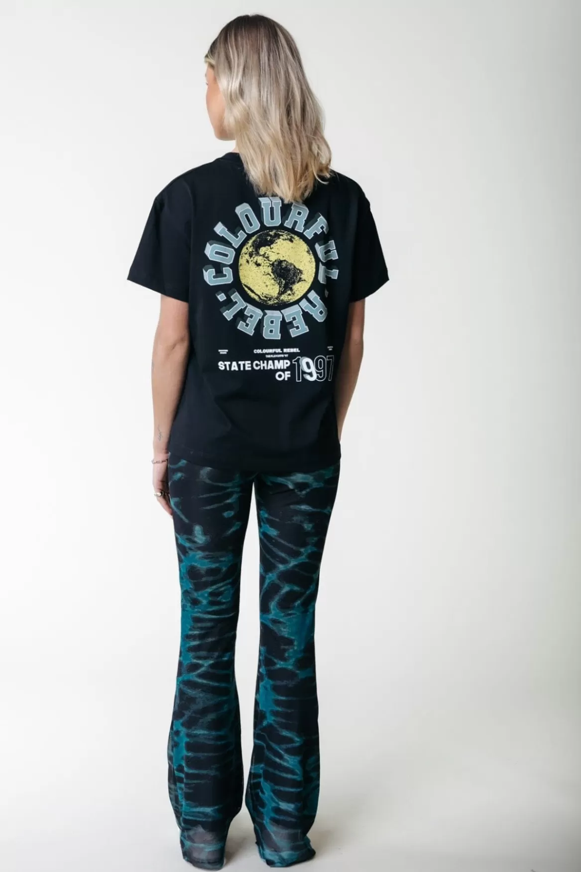 Colourful Rebel Animal Mesh Flare Pants | Storm green