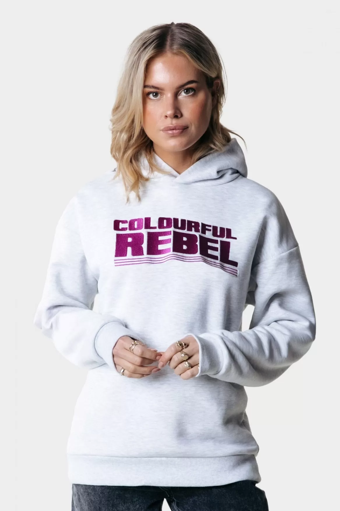 Colourful Rebel Bold Embro Logo Hoodie | Light grey melange