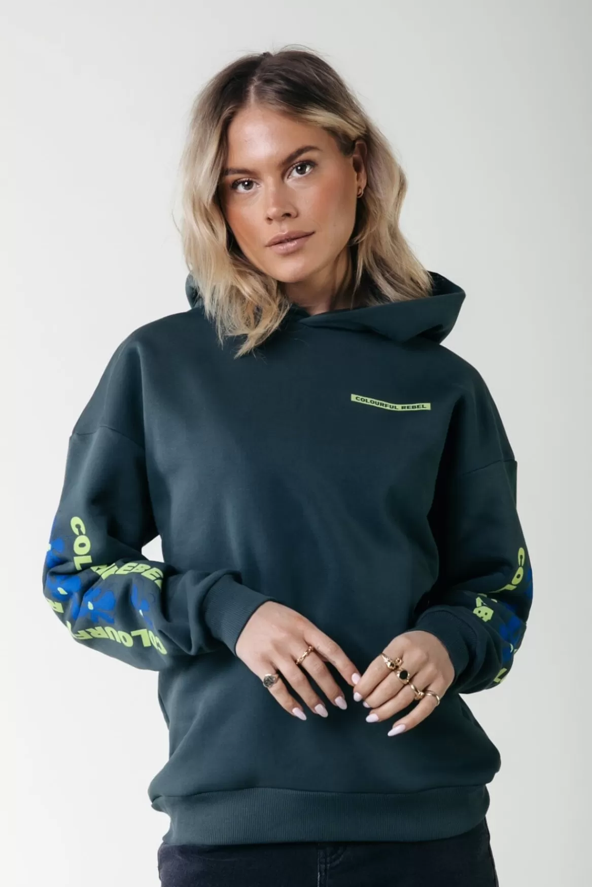 Colourful Rebel Flowers Sleeve Logo Hoodie | Green gables