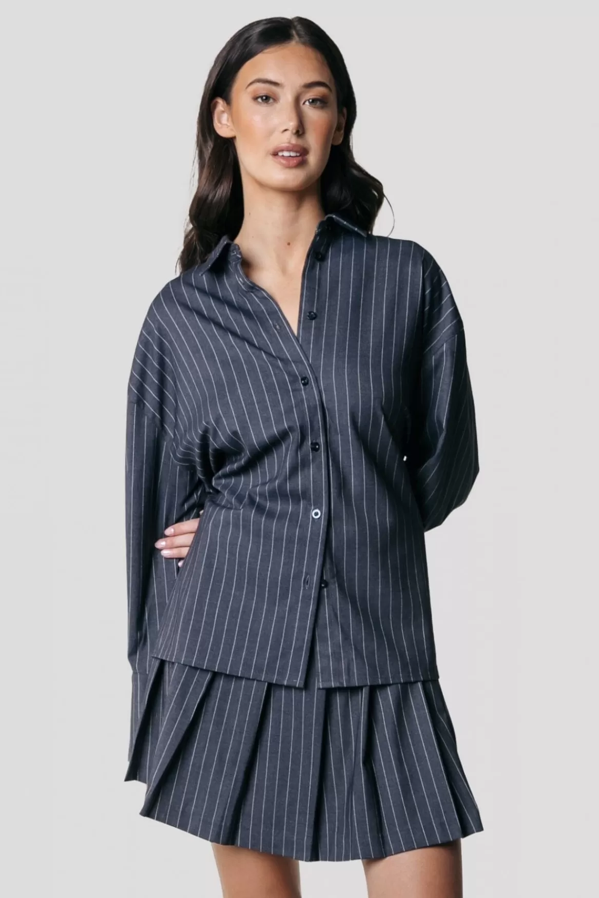 Colourful Rebel Talia Pinstripe Blouse | Dark Anthracite